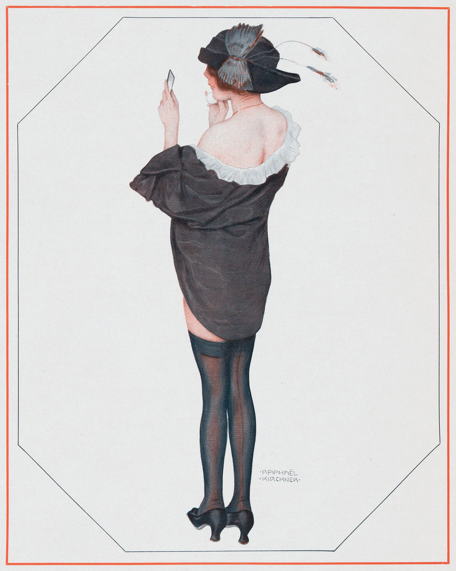 Raphael Kirchner — De la Brune à la Blonde, Pl. 2: Entre Deux Poses | Art Nouveau Print shown to scale on a wall above a sofa