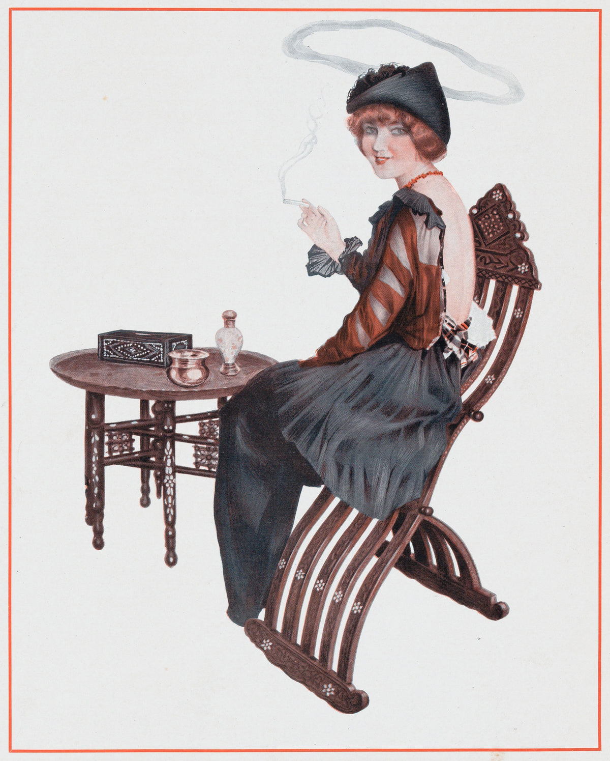 De la Brune à la Blonde, Pl. 4: L'Auréole de Sainte Nitouche by Raphael Kirchner — A smoking woman in a black hat looks back from a carved folding chair