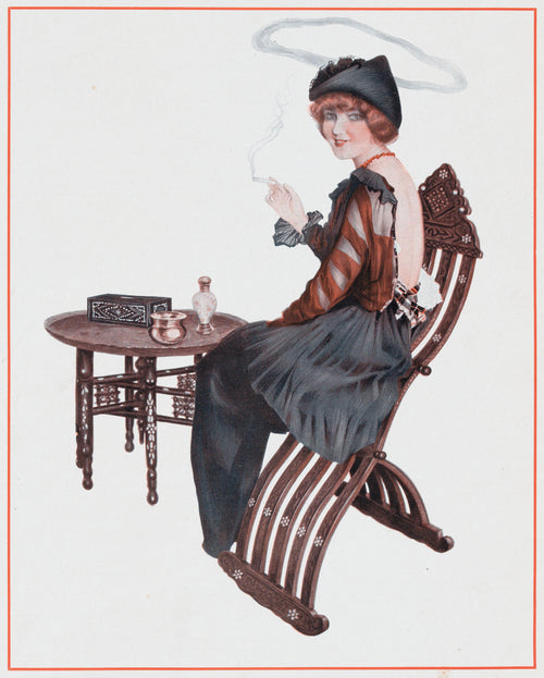 De la Brune à la Blonde, Pl. 4: L'Auréole de Sainte Nitouche by Raphael Kirchner — A smoking woman in a black hat looks back from a carved folding chair