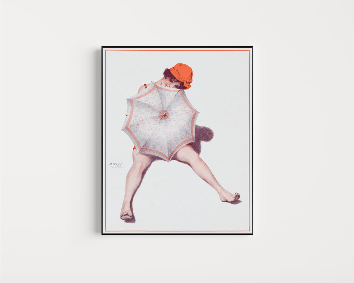Framed art print of De la Brune à la Blonde, Pl. 5: Au Bord de la Mer by Raphael Kirchner, in a slim black frame on a plain white wall