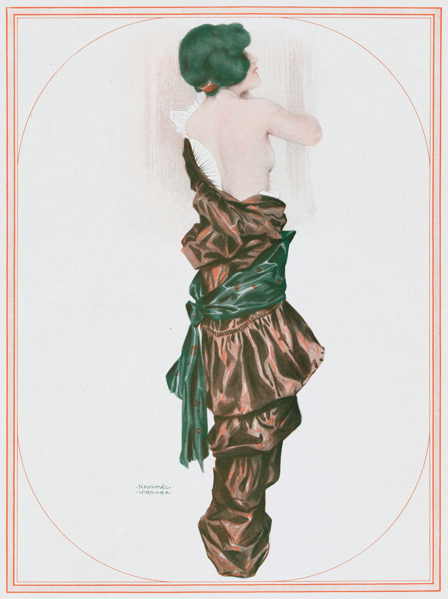 Raphael Kirchner — De la Brune à la Blonde, Pl. 6: La Perruque Verte | Art Nouveau Print shown to scale on a wall above a sofa
