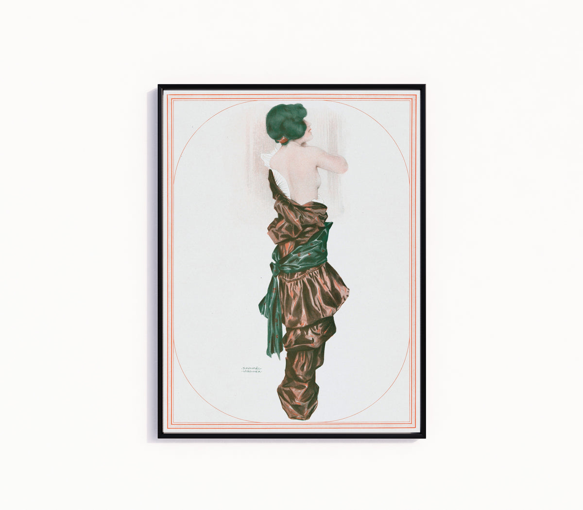 Framed art print of De la Brune à la Blonde, Pl. 6: La Perruque Verte by Raphael Kirchner, in a slim black frame on a plain white wall