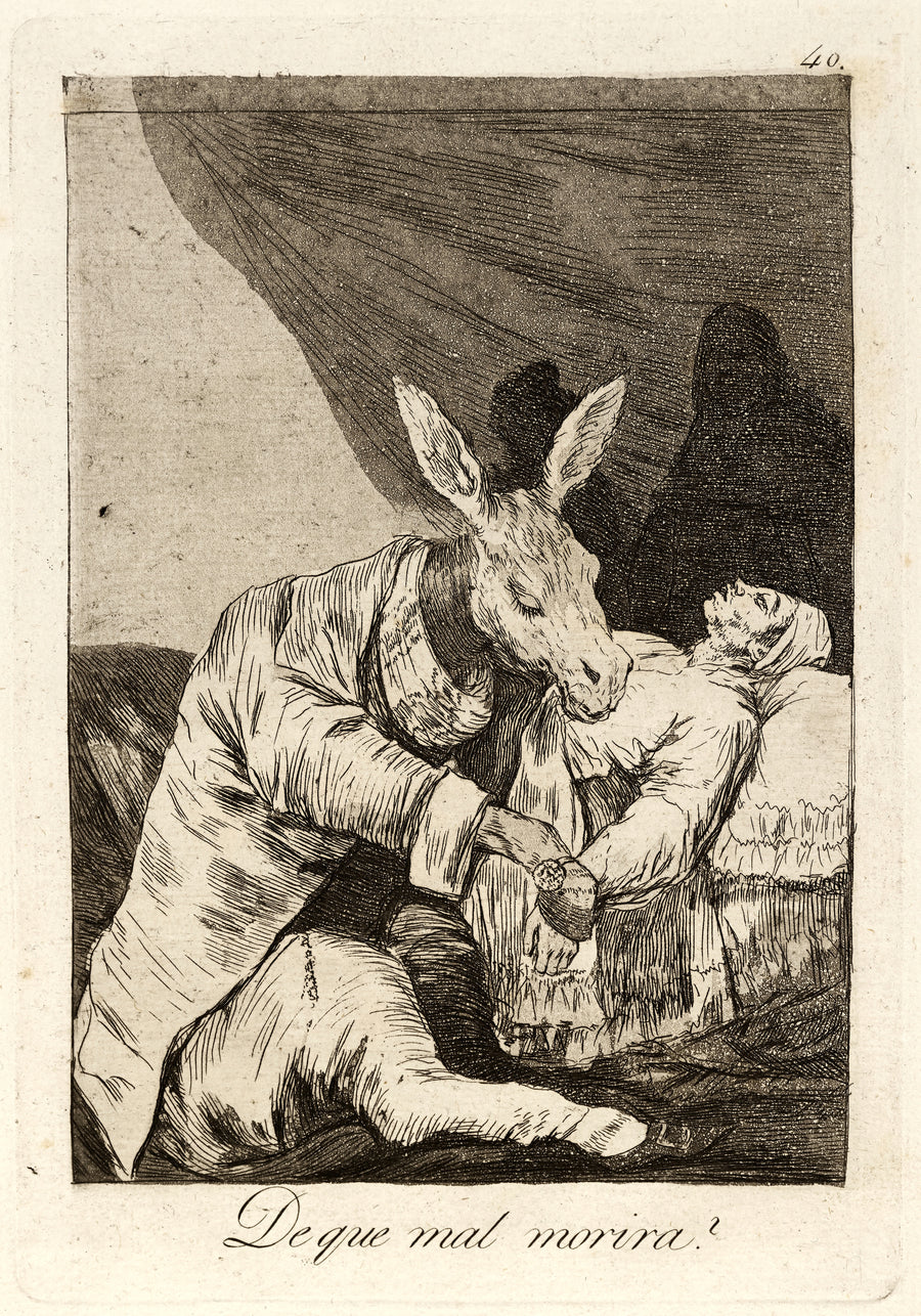 Francisco de Goya — De que mal morira? (Of What Ill Will He Die?), Los Caprichos, Plate 40 | Etching Print shown to scale on a wall above a sofa