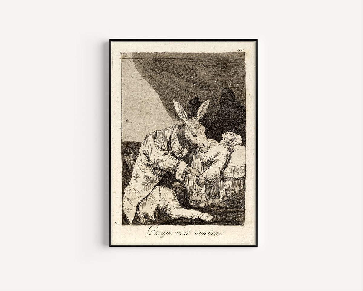 Framed art print of De que mal morira? (Of What Ill Will He Die?), Los Caprichos, Plate 40 by Francisco de Goya, in a slim black frame on a plain white wall