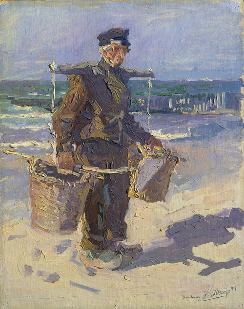 De schelpenvisser by Jan Toorop — A fisherman shoulders a yoke of baskets along a sunlit beach