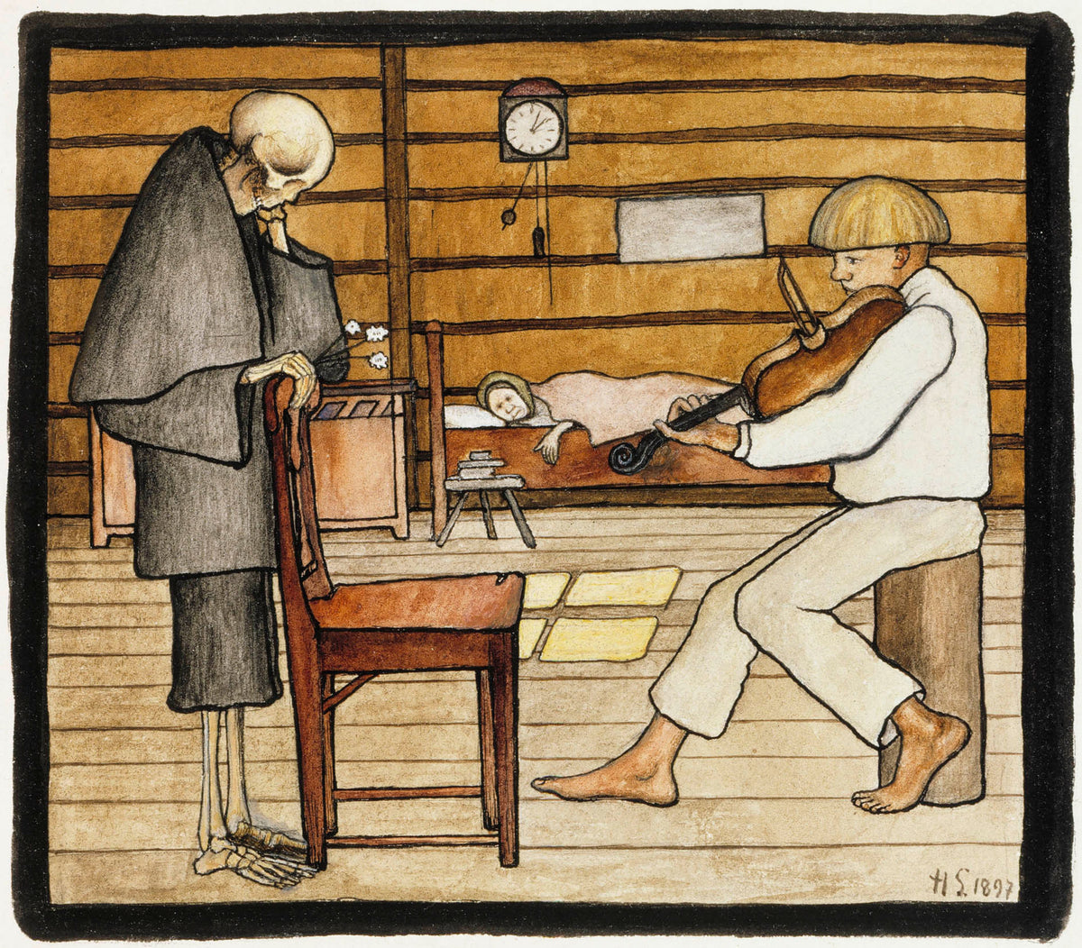 Death Listens by Hugo Simberg — A cloaked skeleton leans on a chair to hear a boy play the fiddle