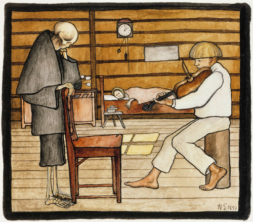 Death Listens by Hugo Simberg — A cloaked skeleton leans on a chair to hear a boy play the fiddle
