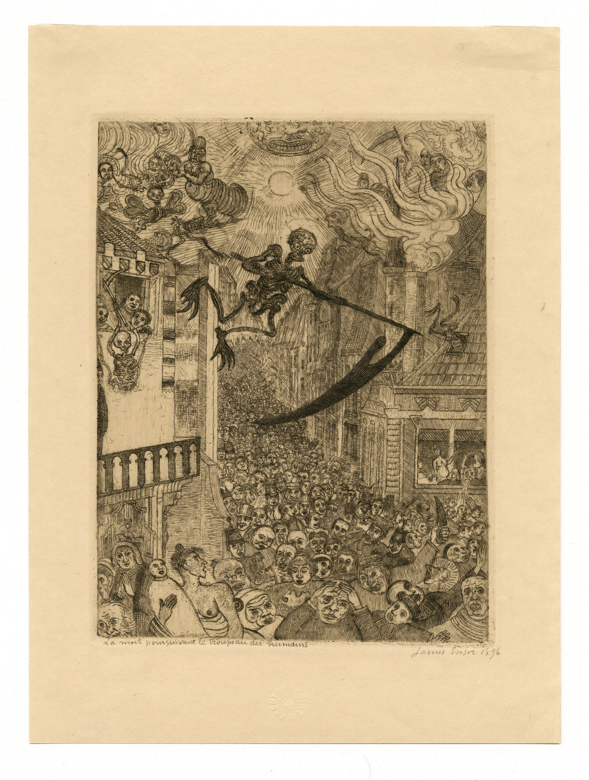 Death Pursuing the Human Herd (La mort poursuivant le troupeau des humains) by James Ensor — A skeleton with a scythe sweeps over a street of panicking faces