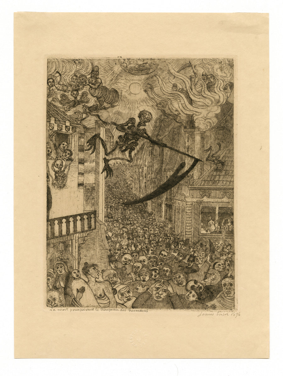 James Ensor — Death Pursuing the Human Herd (La mort poursuivant le troupeau des humains) | Etching Print shown to scale on a wall above a sofa