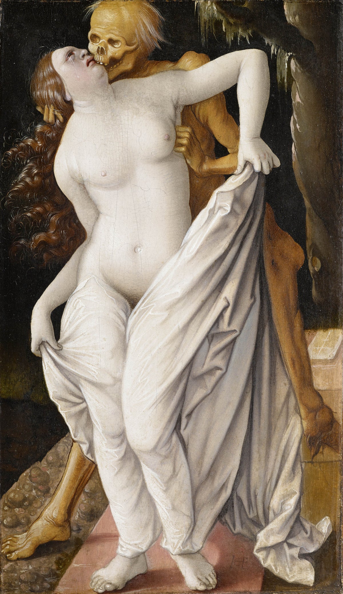 Death and the Maiden by Hans Baldung Grien — Death presses his teeth to a weeping young woman's mouth