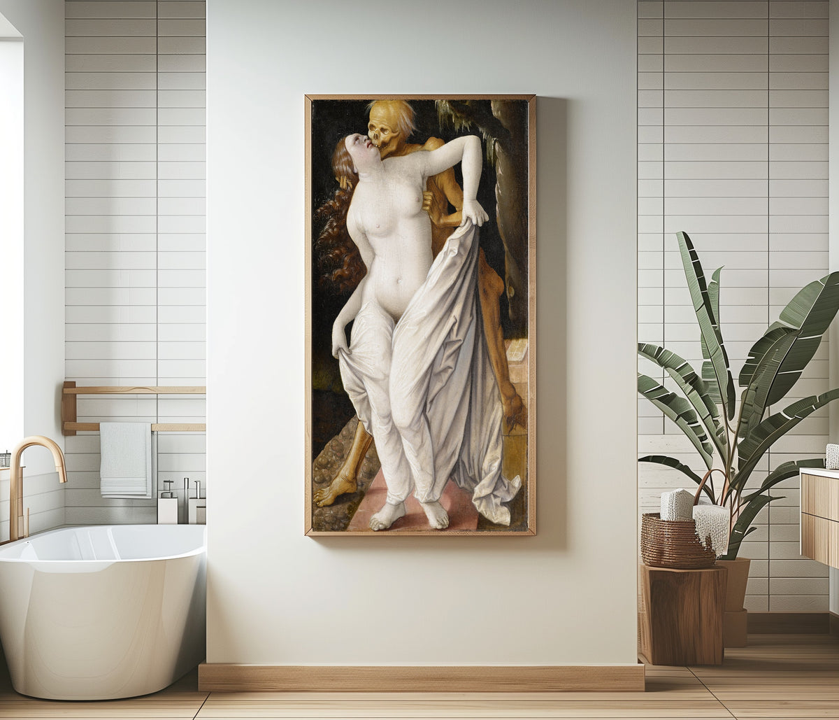 Framed art print of Death and the Maiden by Hans Baldung Grien, in a bathroom beside a freestanding tub