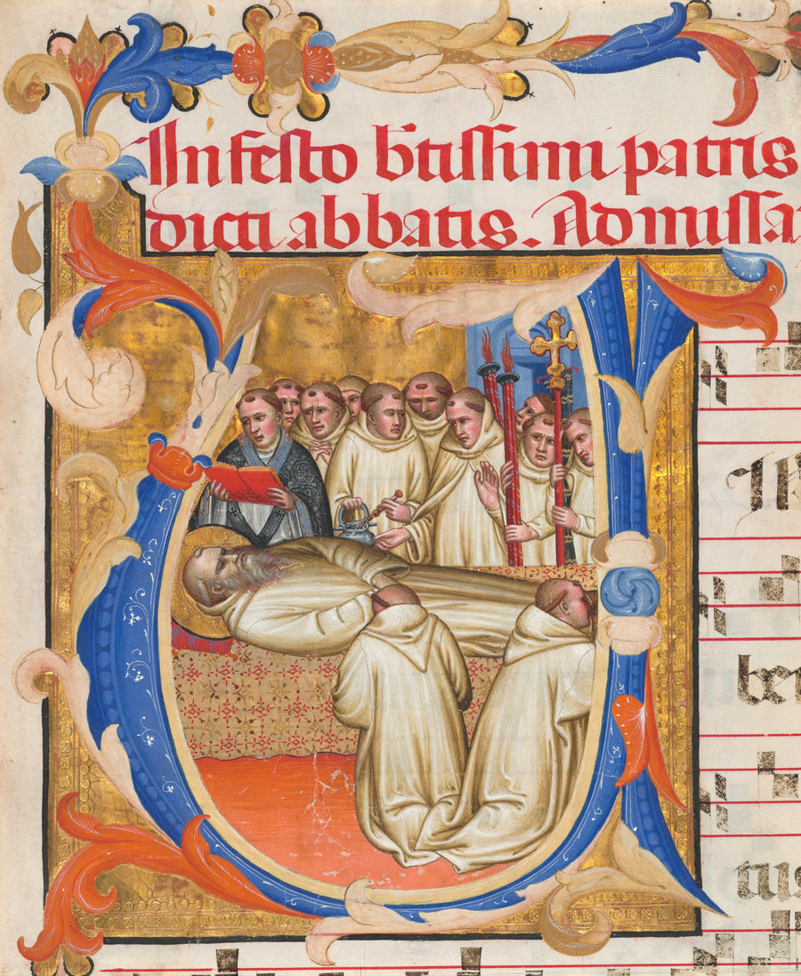 Fra Gregorio Mutii da Montalcino — Death of Saint Benedict | Illuminated Initial Print shown to scale on a wall above a sofa
