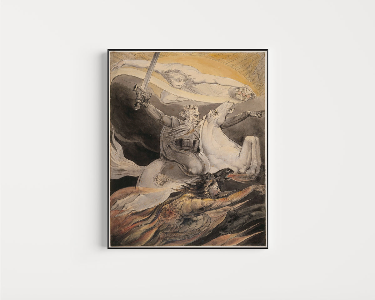 Framed art print of Death on a Pale Horse by William Blake, in a slim black frame on a plain white wall