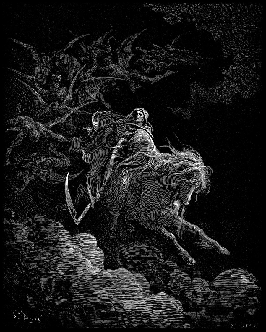Gustave Doré — Death on the Pale Horse | Wood Engraving Print shown to scale on a wall above a sofa