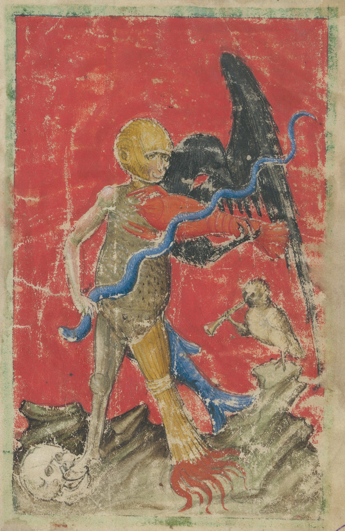 Death with a Serpent and an Eagle (Aurora Consurgens) by Unknown artist — A gaunt figure clutches a red crayfish, a black eagle at its back