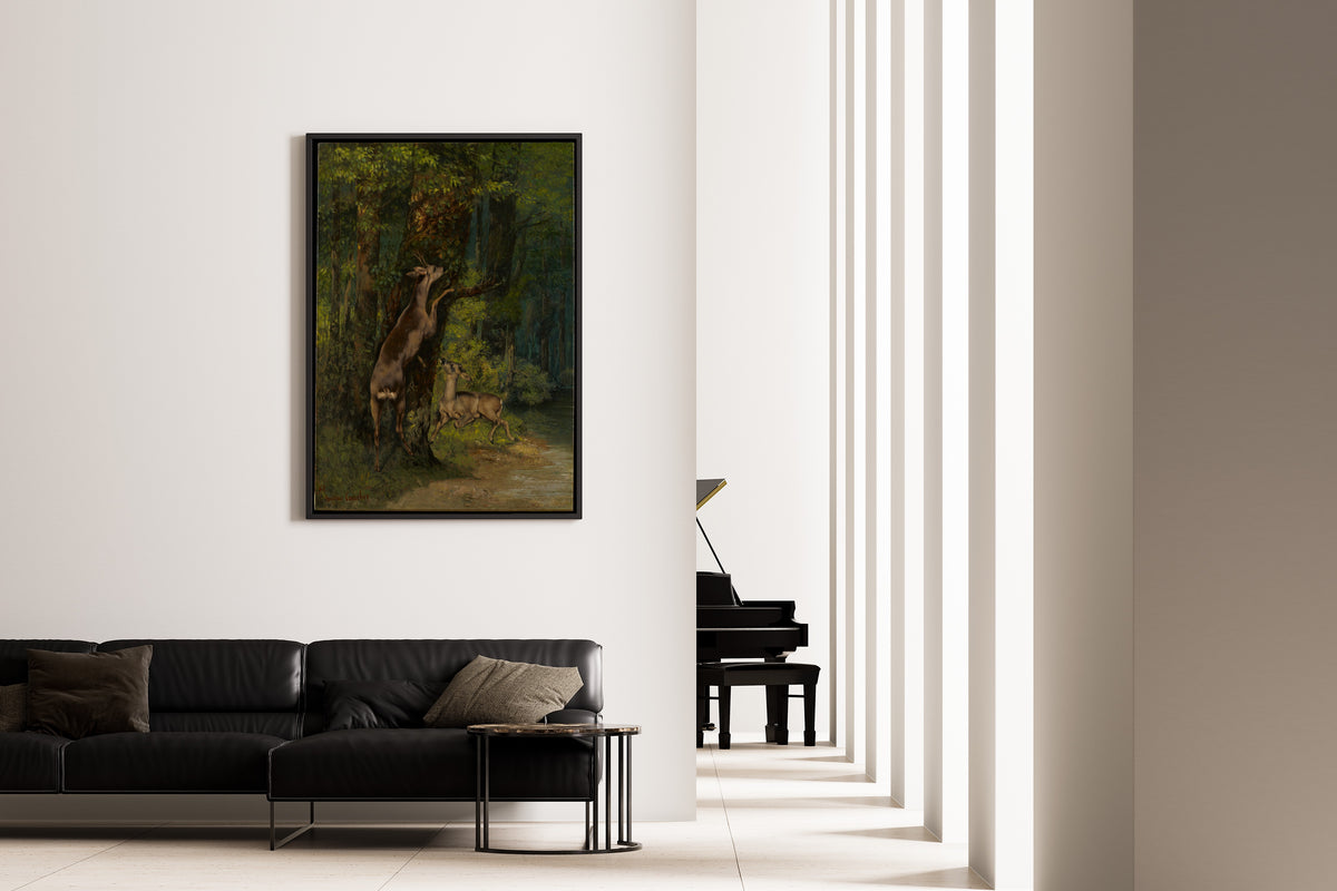 Deer in the Forest by Gustave Courbet — framed on the wall of a minimal living room