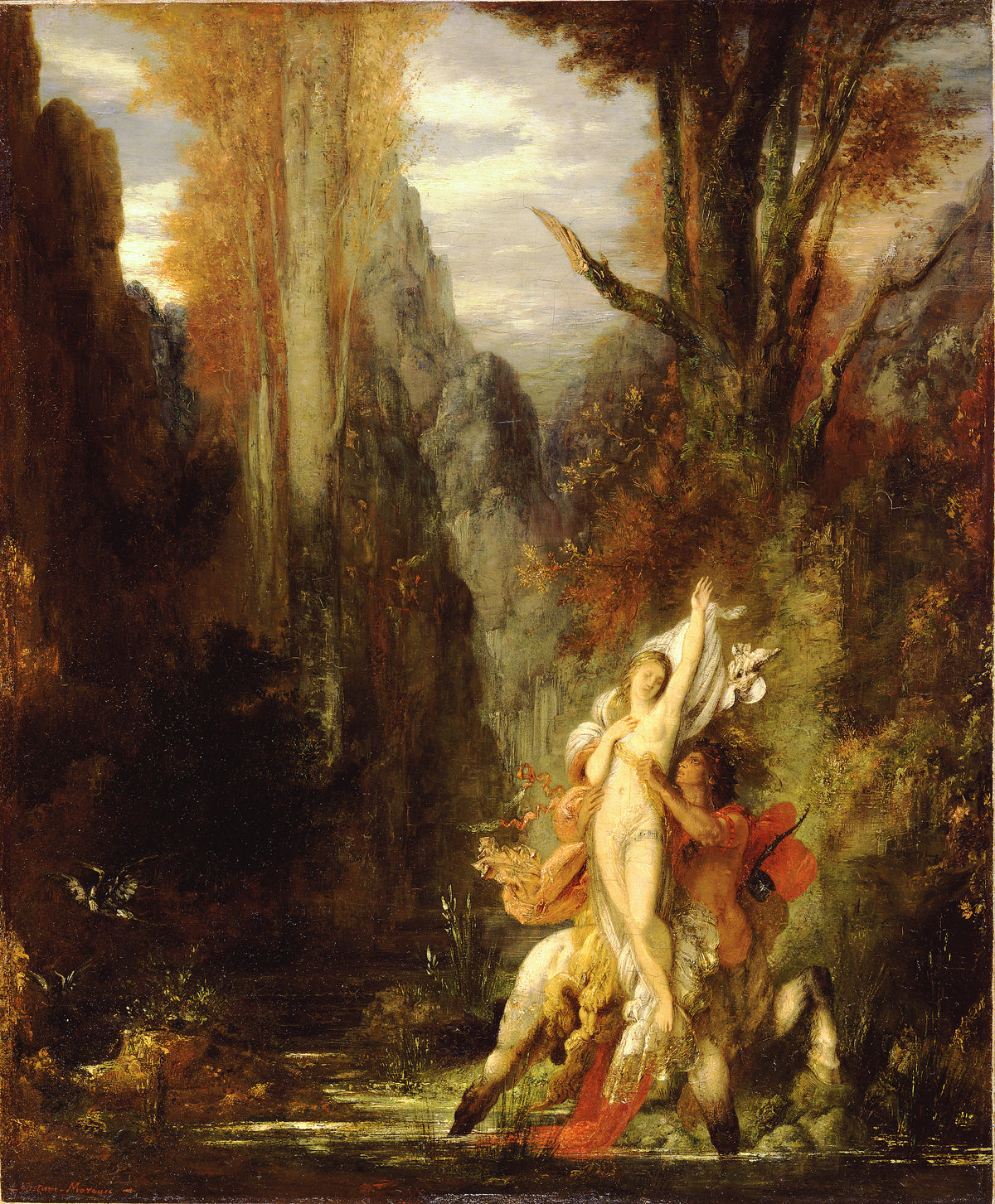 Dejanira by Gustave Moreau — A centaur carries off a pale woman through an autumn gorge