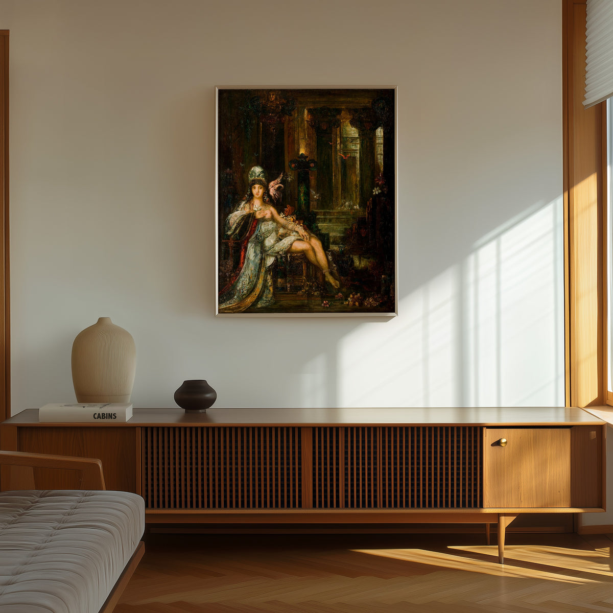 Framed art print of Delilah by Gustave Moreau, in a thin light frame on a sunlit wall above a wooden sideboard