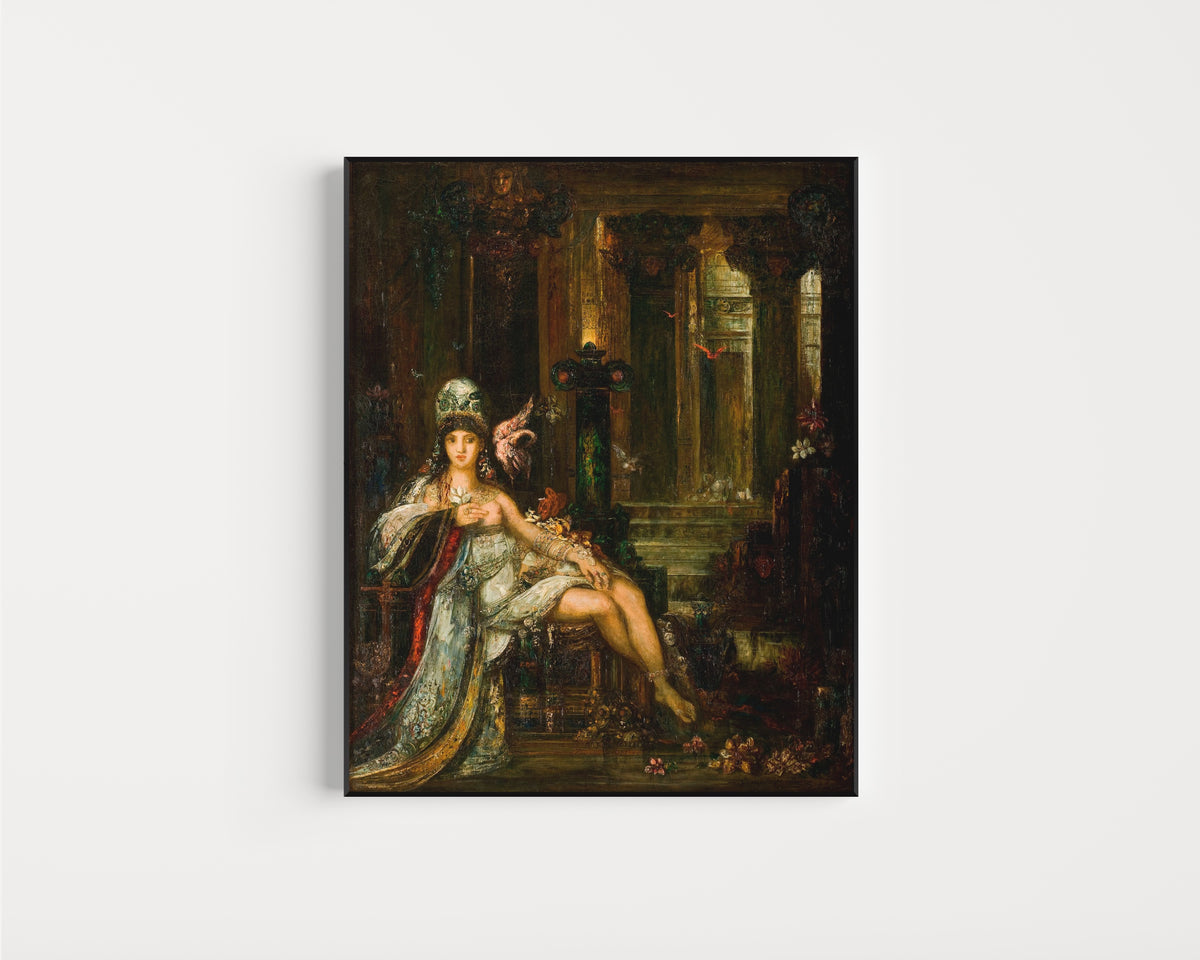 Framed art print of Delilah by Gustave Moreau, in a slim black frame on a plain white wall