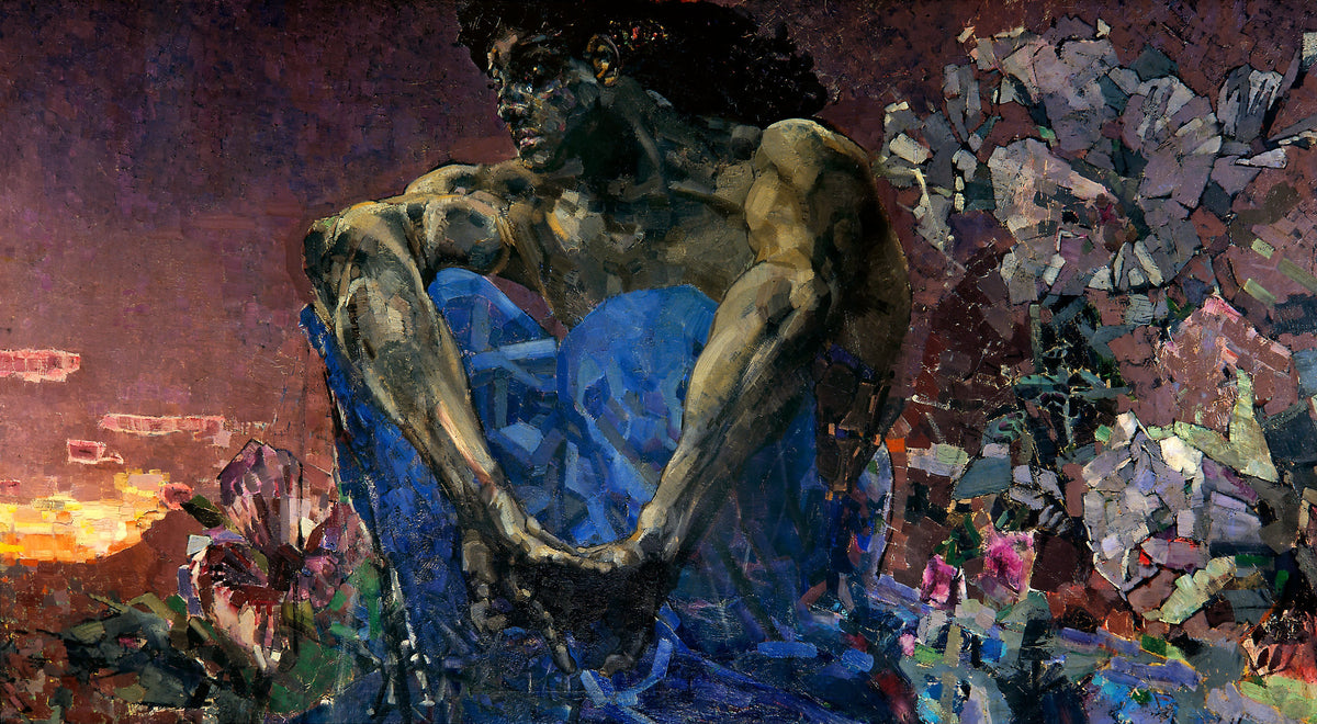 Demon Seated by Mikhail Vrubel — A brooding figure sits hugging his knees among crystal flowers