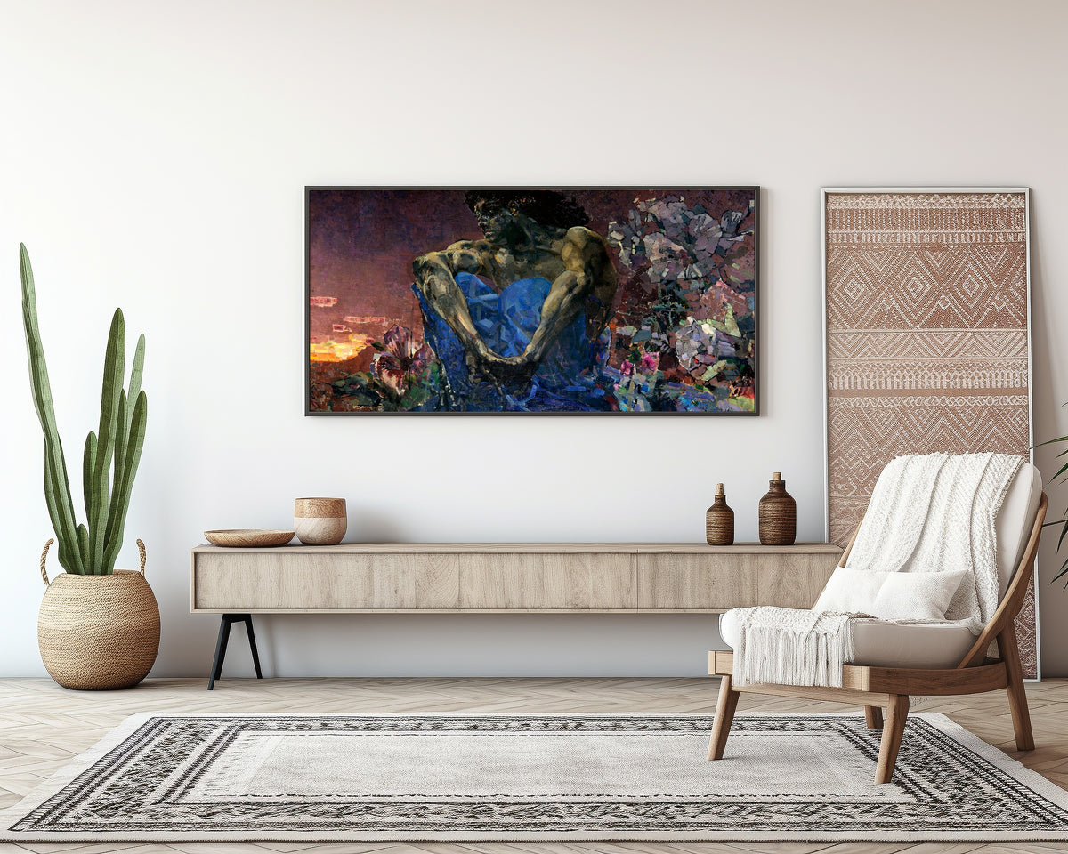 Framed art print of Demon Seated by Mikhail Vrubel, above a sideboard in a living room