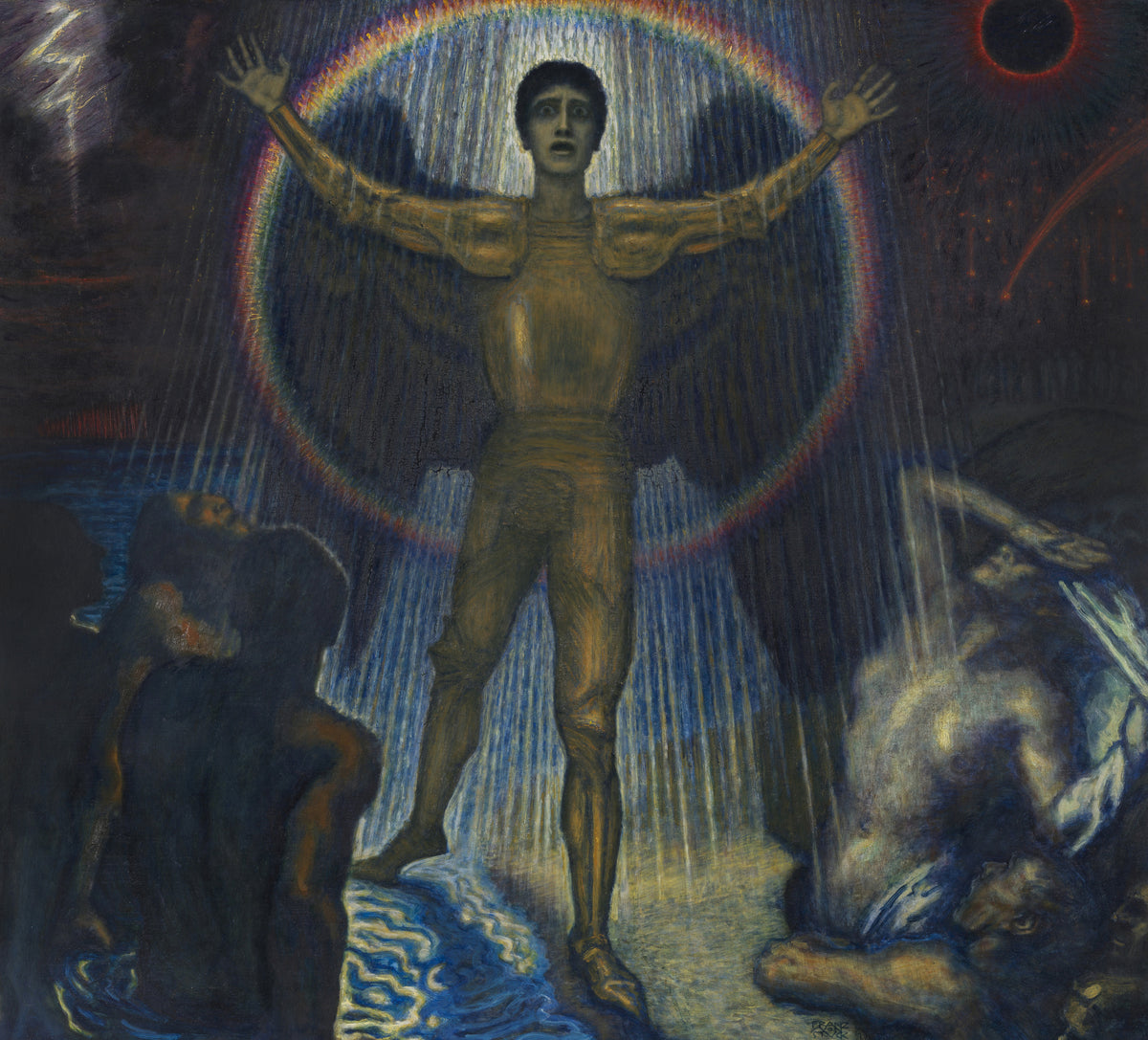 Der Engel des Gerichts by Franz von Stuck — An armoured angel cries out under a rainbow halo as figures cower