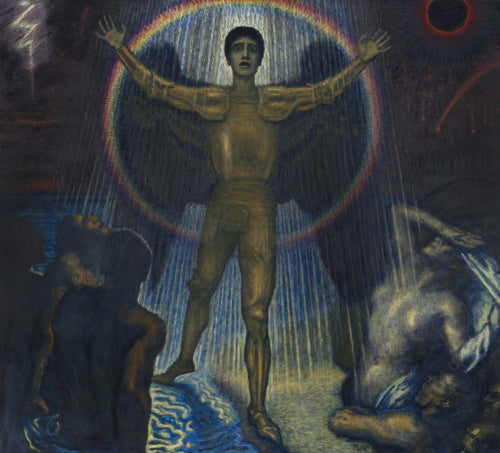 Der Engel des Gerichts by Franz von Stuck — An armoured angel cries out under a rainbow halo as figures cower