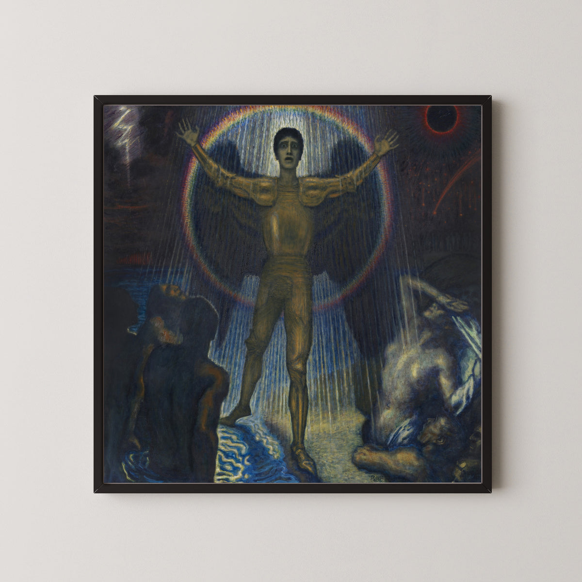 Framed art print of Der Engel des Gerichts by Franz von Stuck, in a black frame on a pale wall