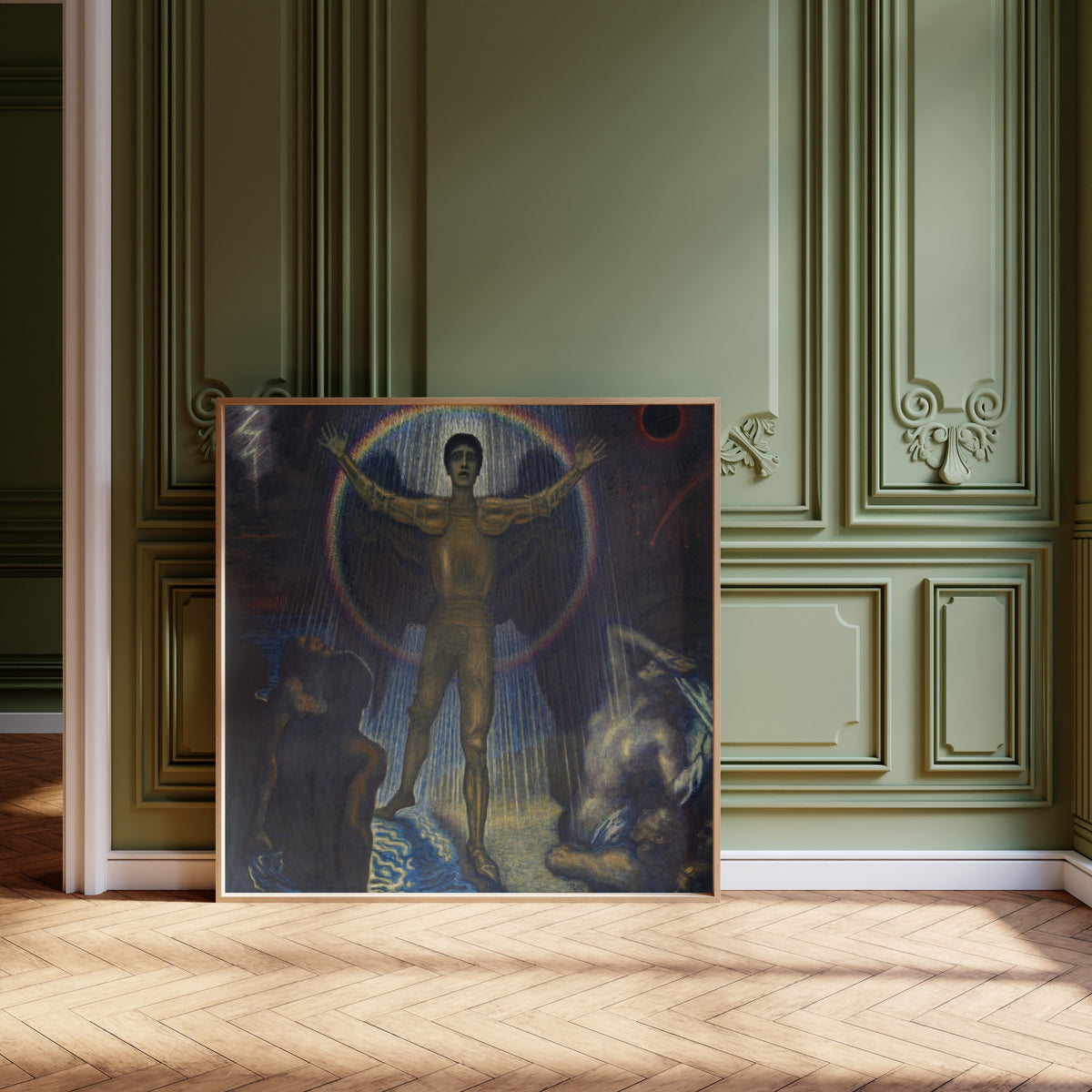 Framed art print of Der Engel des Gerichts by Franz von Stuck, leaning against olive-green panelling on a herringbone floor