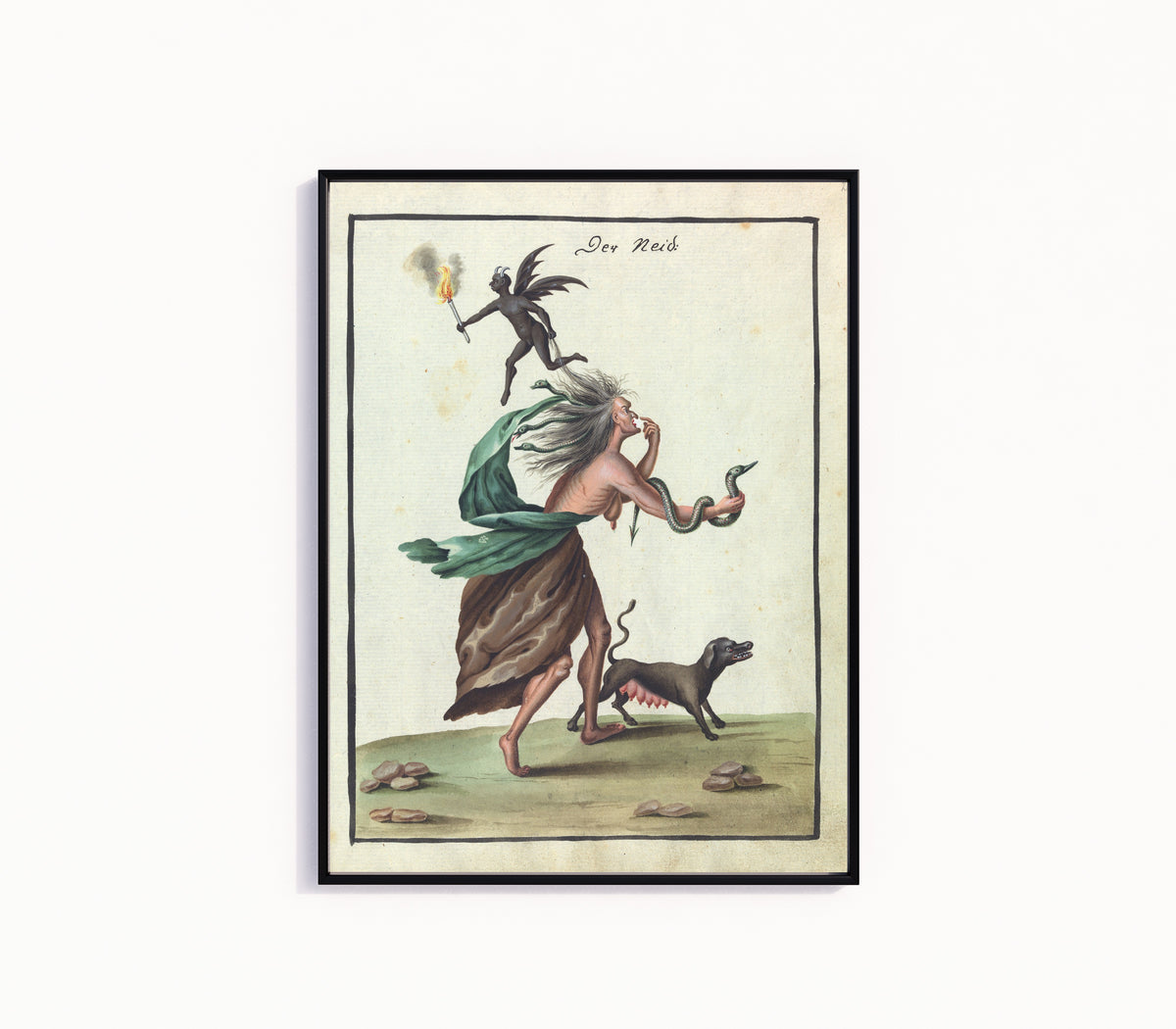 Framed art print of Der Neid by Unknown artist, in a slim black frame on a plain white wall