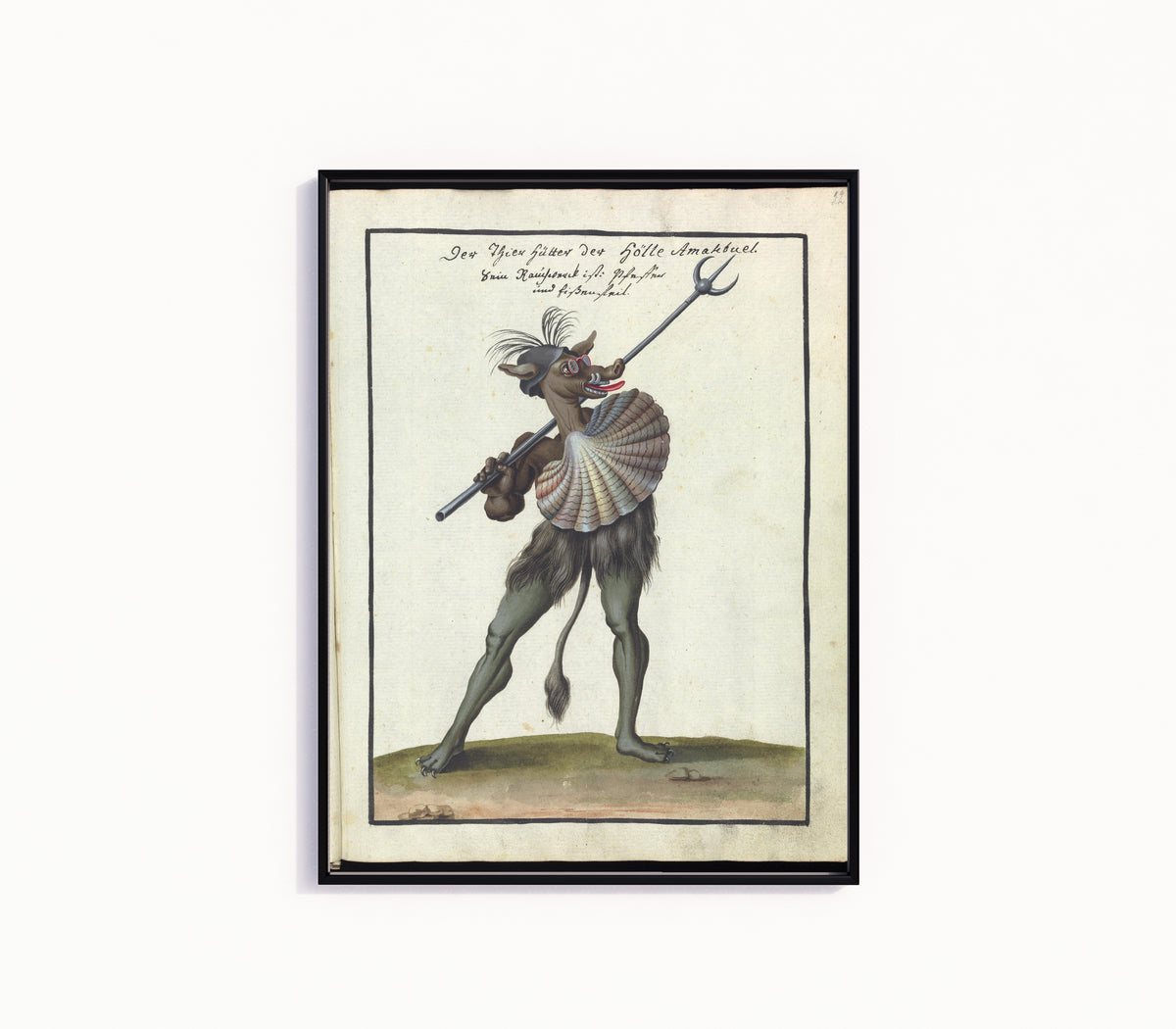 Framed art print of Der Thier hütter der Hölle Amakbuel (The Beast-Keeper of Hell) by Unknown artist, in a slim black frame on a plain white wall