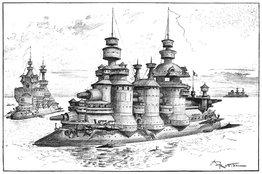 Albert Robida — Dernières architectures navales. — Les donjons flottants | Vintage Illustration Print shown to scale on a wall above a sofa