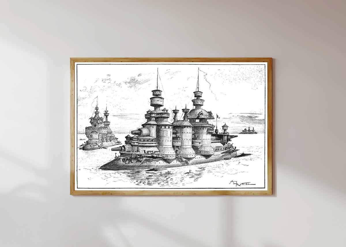 Framed art print of Les donjons flottants by Albert Robida, in a light wood frame on a sunlit white wall