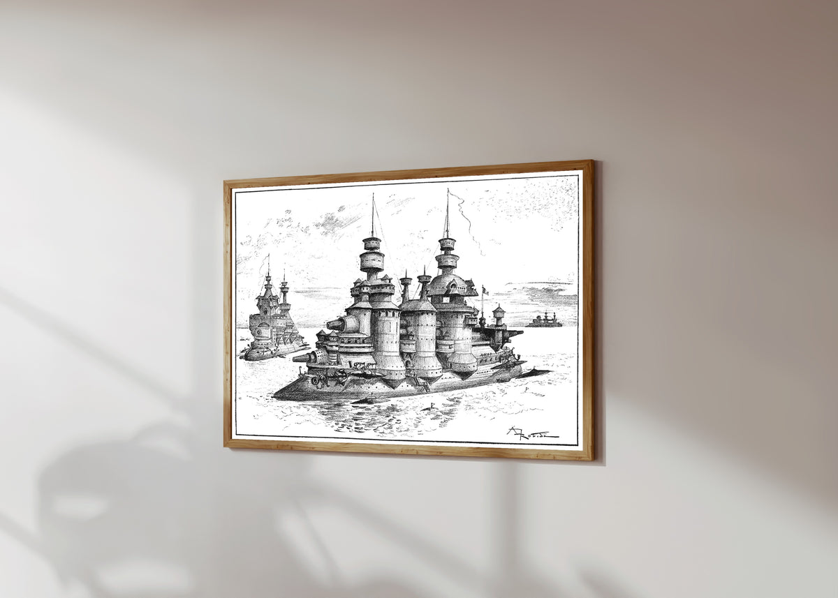 Framed art print of Les donjons flottants by Albert Robida, in a light wood frame on a sunlit white wall, seen at a slight angle