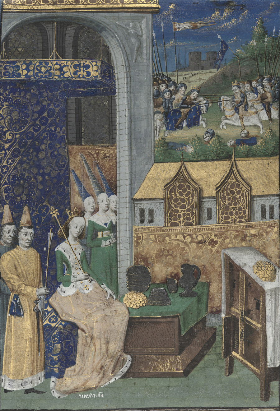 Maître François — Des Cleres et nobles femmes: Queen Medusa and Her Court | Illuminated Manuscript Print shown to scale on a wall above a sofa
