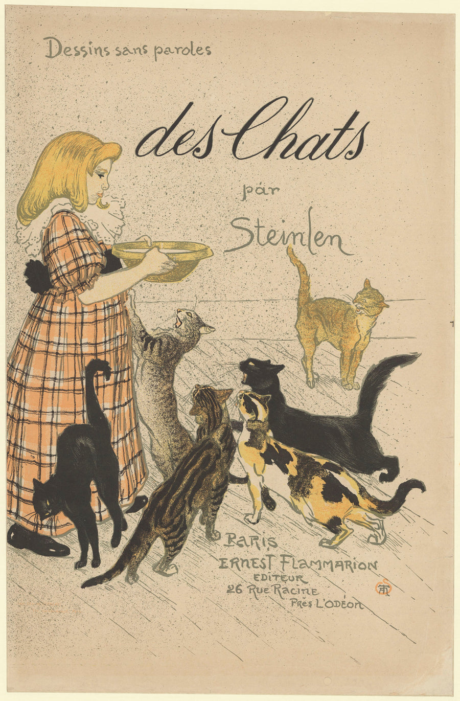 Théophile Steinlen — Des chats, par Steinlen (cover) | Vintage Poster Print shown to scale on a wall above a sofa