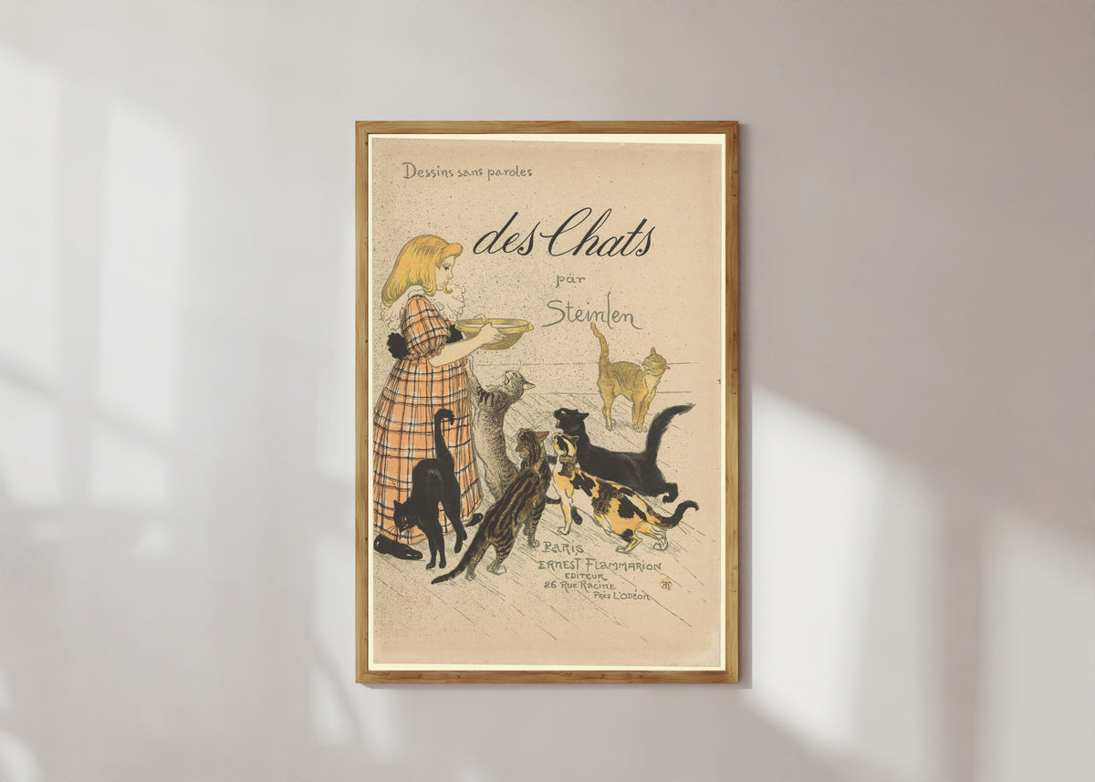 Framed art print of Des chats, par Steinlen (cover) by Théophile Steinlen, in a light wood frame on a sunlit white wall