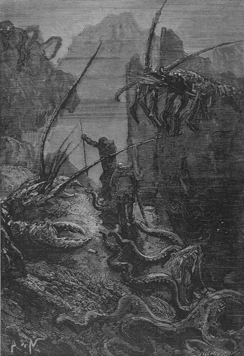 Des homards géants, des crabes titanesques (Giant lobsters, titanic crabs) by Alphonse de Neuville — A helmeted diver among giant lobsters and tentacles on the