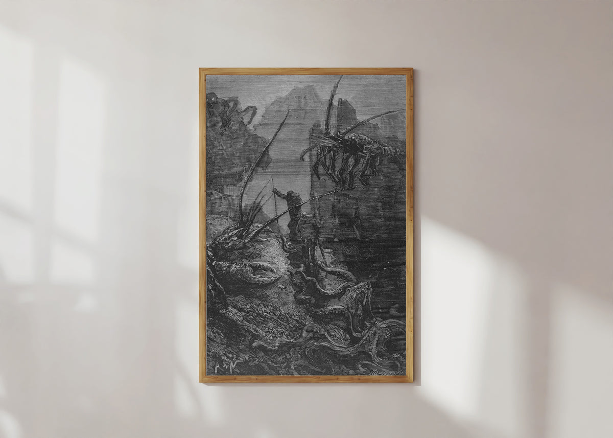 Framed art print of Des homards géants, des crabes titanesques (Giant lobsters, titanic… by Alphonse de Neuville, in a light wood frame on a sunlit white wall