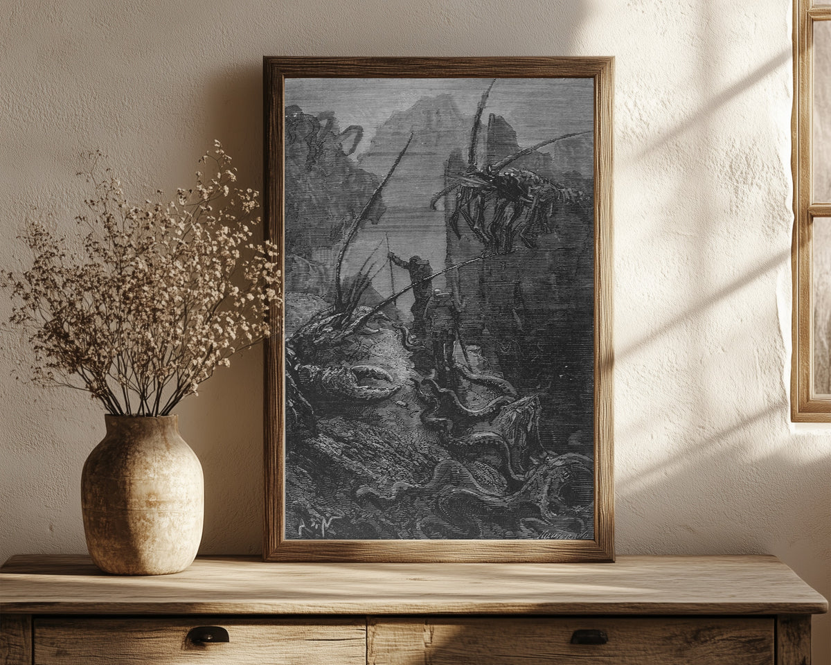 Framed art print of Des homards géants, des crabes titanesques… by Alphonse de Neuville, in a dark wood frame leaning on a rustic console beside dried flowers
