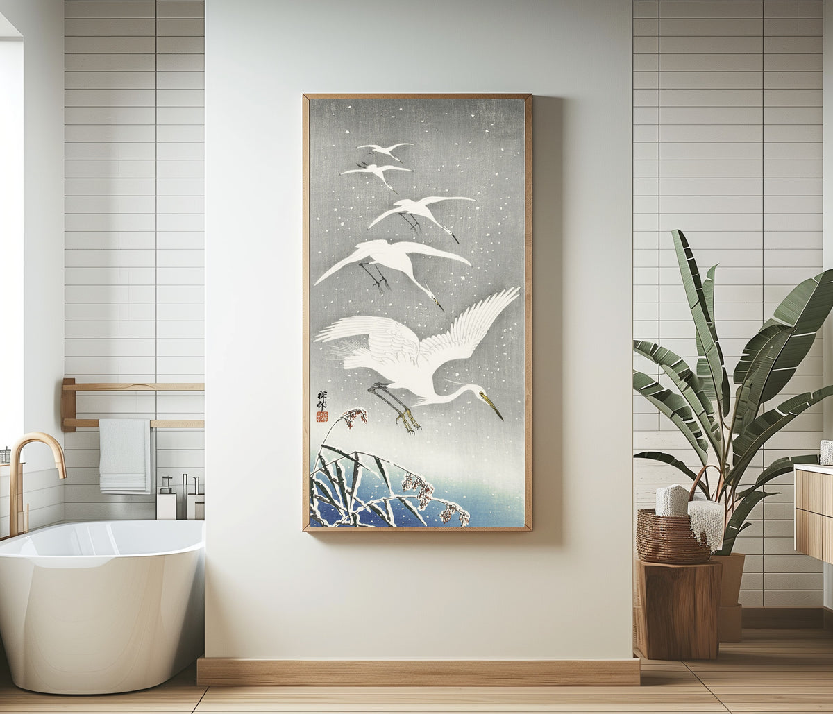 Ohara Koson — Descending Egrets in Snow | Japanese Bird & Flower Woodblock Print