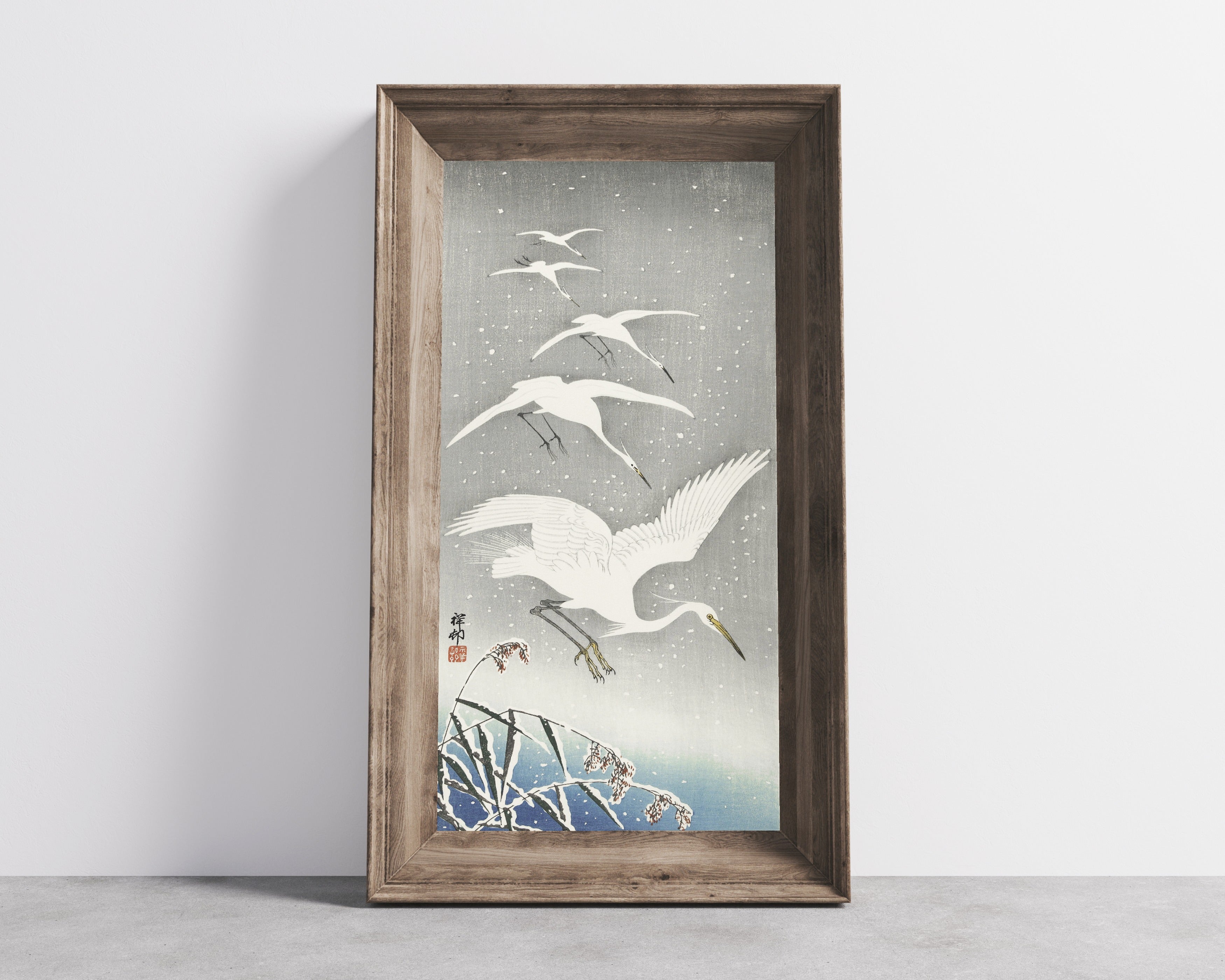 Ohara Koson — Descending Egrets in Snow | Japanese Bird & Flower Woodblock Print