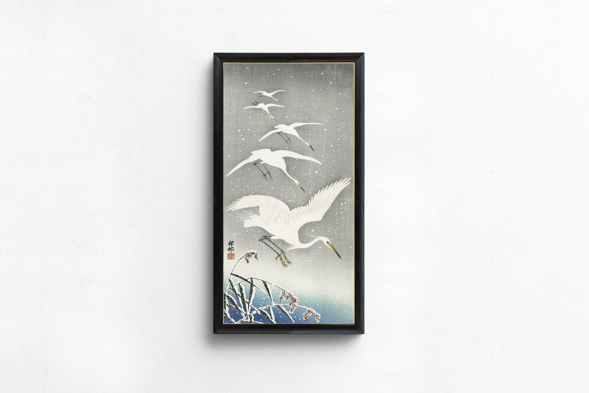 Ohara Koson — Descending Egrets in Snow | Japanese Bird & Flower Woodblock Print
