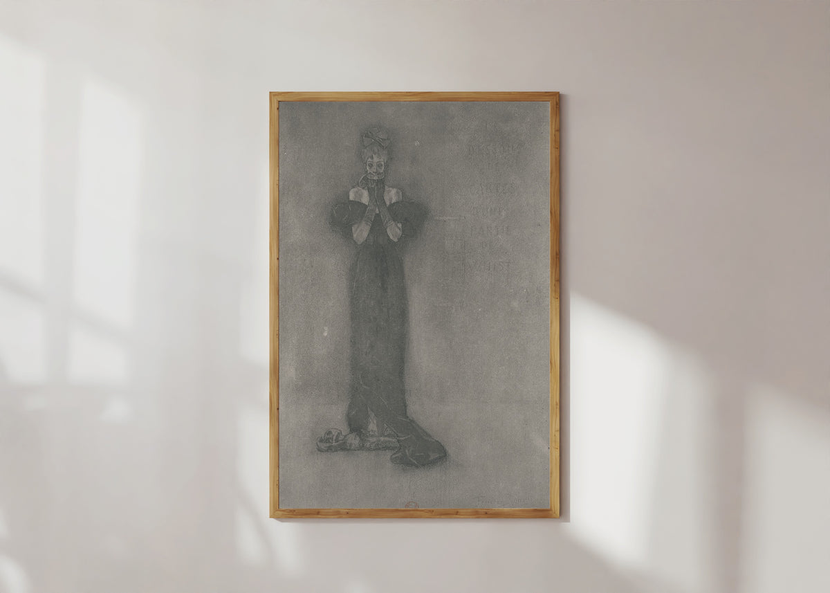 Framed art print of Dessous des cartes d'une partie de whist (2nd state) by Félicien Rops, in a light wood frame on a sunlit white wall