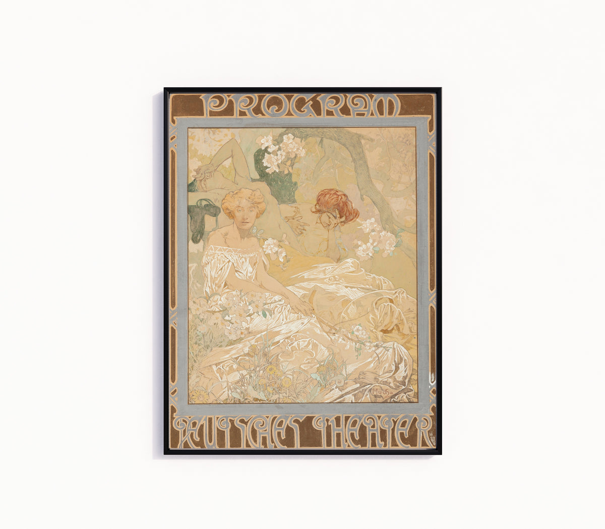 Framed art print of Deutsches Schauspiel-Haus, Theater Program by Alphonse Mucha, in a slim black frame on a plain white wall