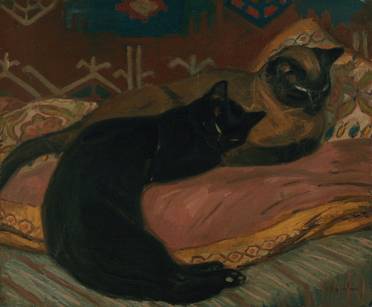 Deux chats couchés sur un canapé by Théophile Steinlen — A black cat sleeps curled against a watchful dark-faced cat