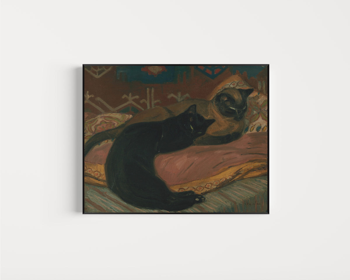 Framed art print of Deux chats couchés sur un canapé by Théophile Steinlen, in a slim black frame on a plain white wall