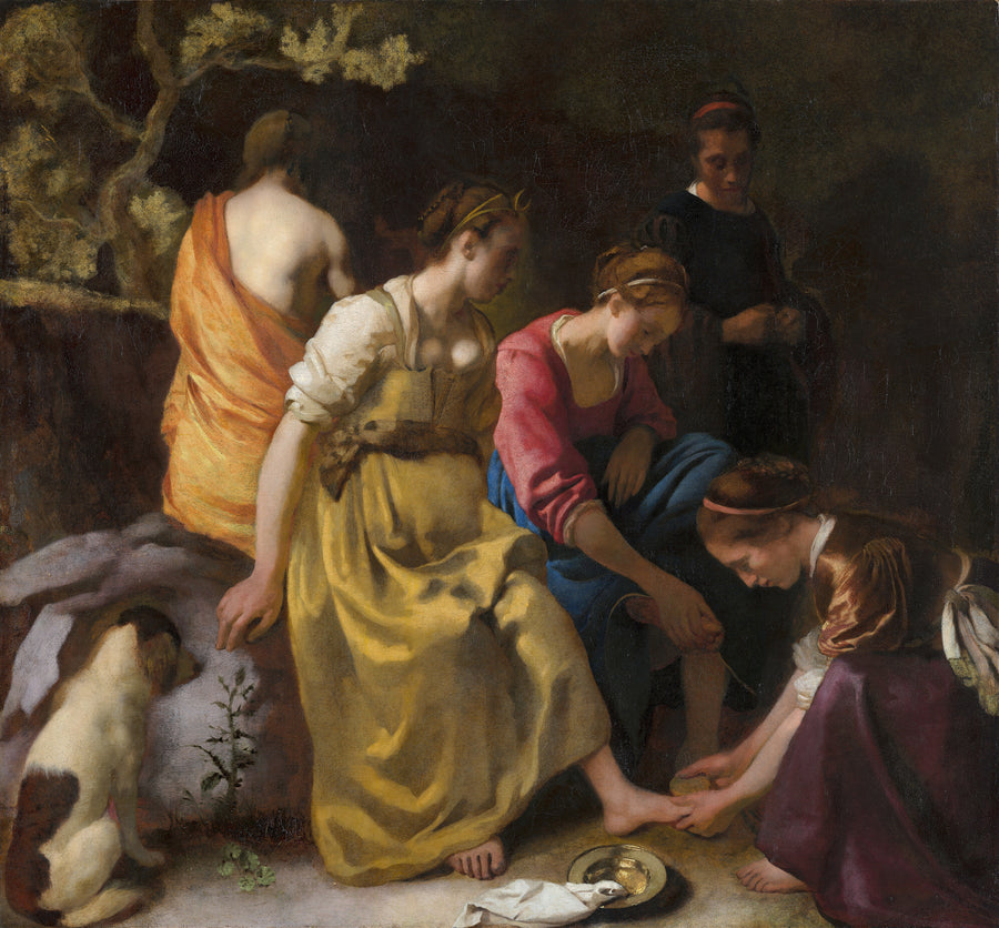 Johannes Vermeer — Diana and Her Nymphs | Fine Art Print shown to scale on a wall above a sofa
