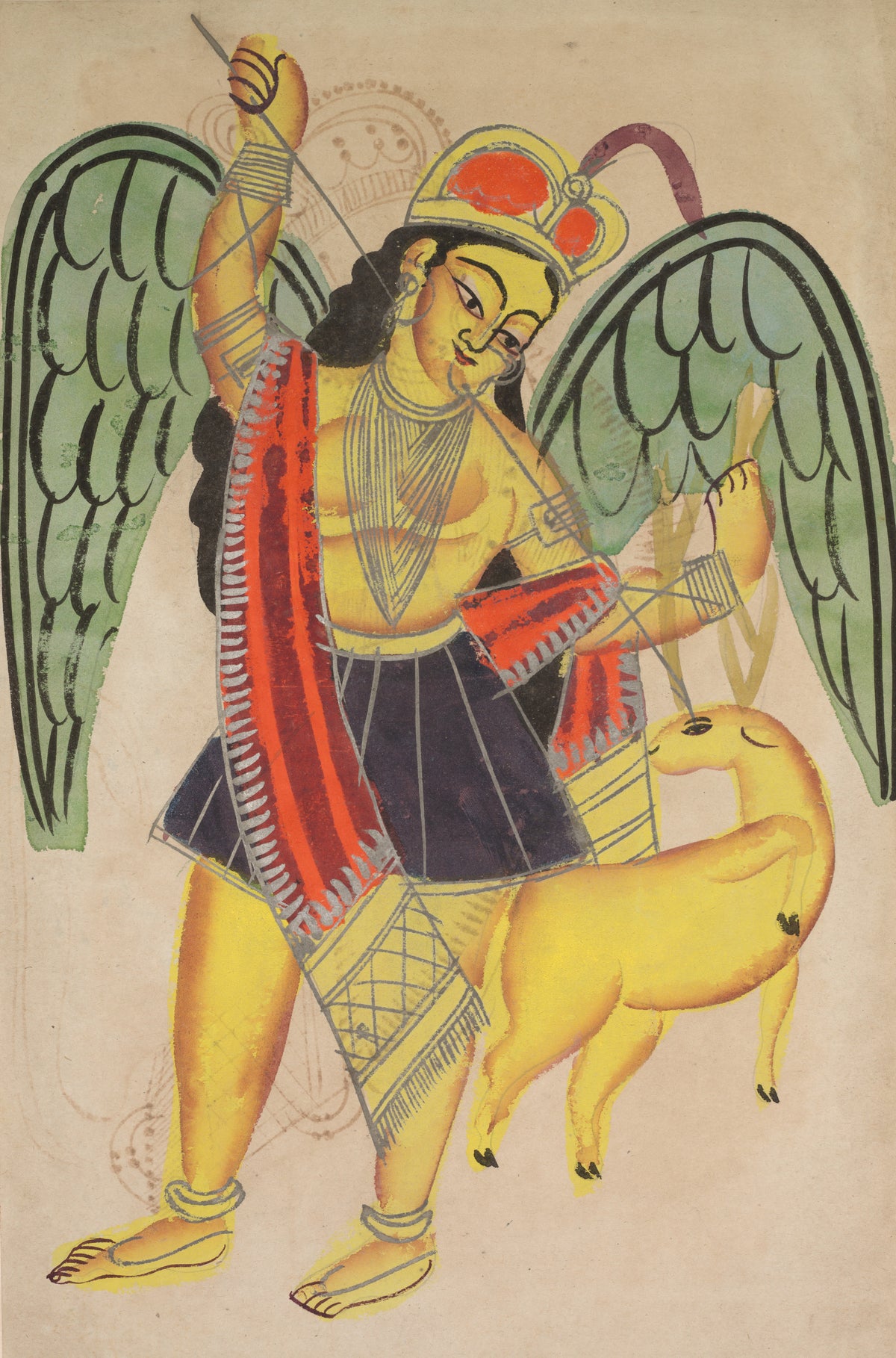 Diana or Artemis, Goddess of the Hunt by Kalighat painter — A winged huntress raises an arrow beside a golden deer