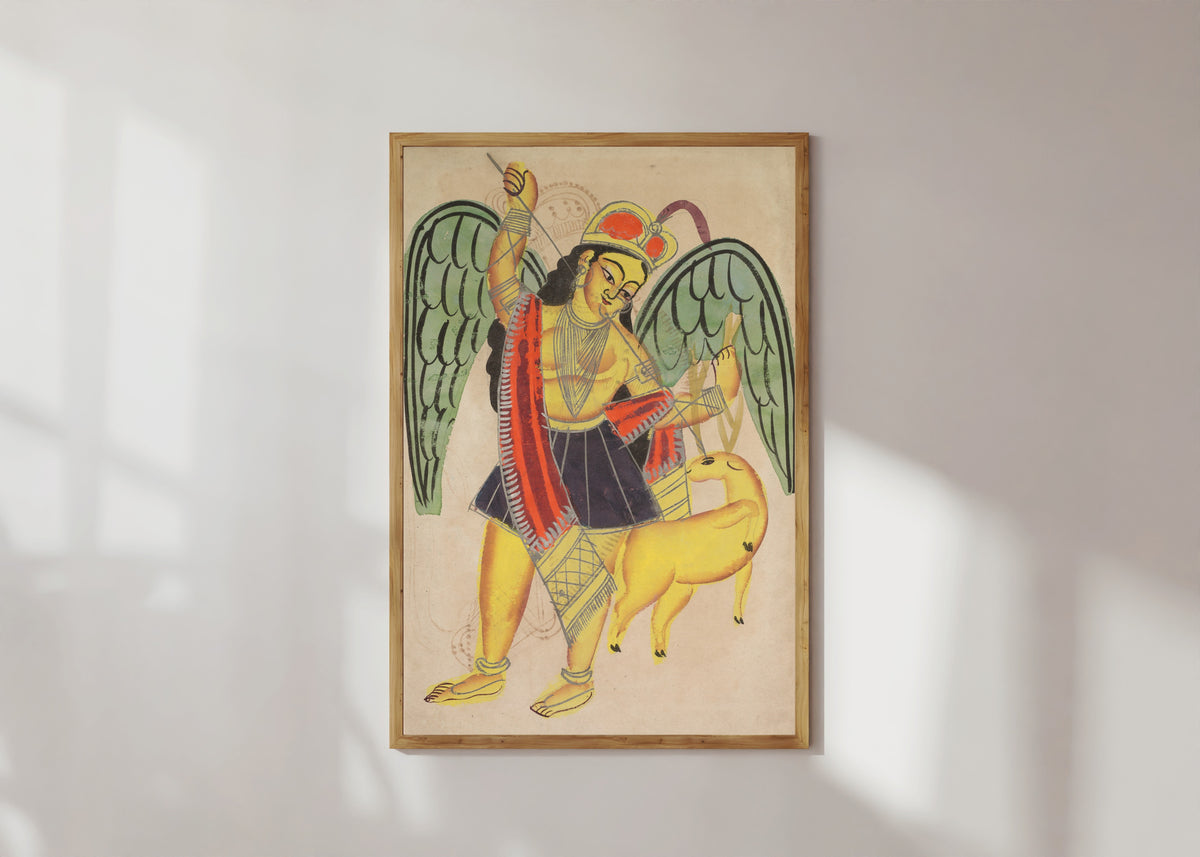Framed art print of Diana or Artemis, Goddess of the Hunt by Kalighat painter, in a light wood frame on a sunlit white wall